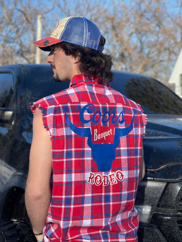 Coors Banquet Rodeo Sleeveless Flannel- Red/White/Blue Plaid